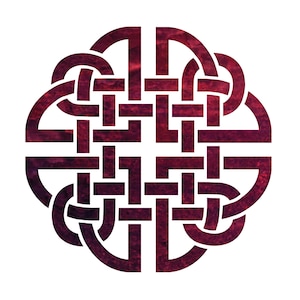 Puede incluir: Un diseño de nudo celta circular en tonos burdeos y granate sobre un fondo blanco. El intrincado patrón presenta líneas entrelazadas, creando un diseño simétrico y visualmente atractivo. La textura del nudo parece ligeramente desgastada.