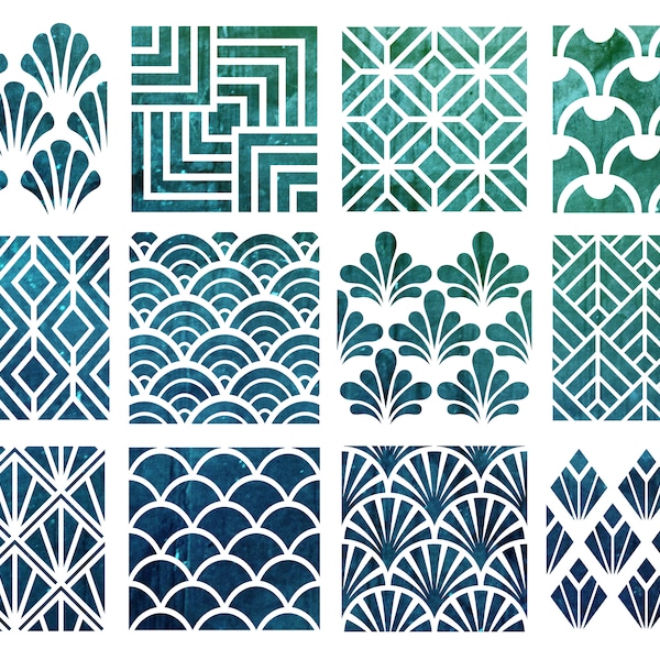 Stencil Set, 12 STUKS, Art Deco Patroon, herbruikbare kunststencils