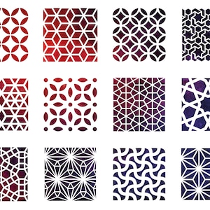 Könnte beinhalten: Zwölf verschiedene geometrische Muster in Weiß auf einem Verlaufshintergrund. Die Muster sind in einem Rasterformat angeordnet, mit vier Reihen und drei Spalten. Die Hintergrundfarben sind Rot, Lila und Blau.