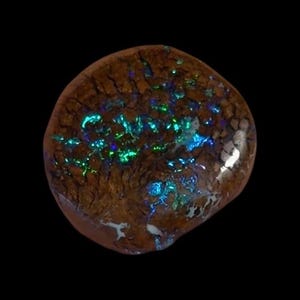 May include: A polished, oval-shaped opal with a dark brown base color. The opal displays vibrant flashes of blue and green iridescence across its surface, set against a dark background. The stone has a smooth, glossy finish.