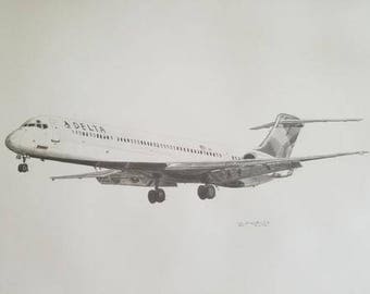 Delta Airlines MD88 lápiz dibujo de impresión de bellas artes - usted elige el número de cola!