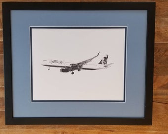 JetBlue Airbus "Mint" custom art print for pilot, flight attendant, travel lover - pencil drawing print 11"x14"  Custom tail number and name