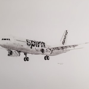 Spirit Airlines A320 Airbus custom art print for pilot, flight attendant, travel lover - pencil drawing print 11&quot;x14&quot;