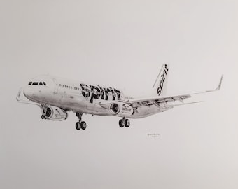 Spirit Airlines A320 Airbus custom art print for pilot, flight attendant, travel lover - pencil drawing print 11"x14"