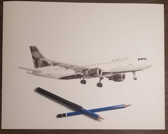 Delta Airlines A320 Airbus custom art print for pilot, flight attendant, travel lover - pencil drawing print 11"x14"