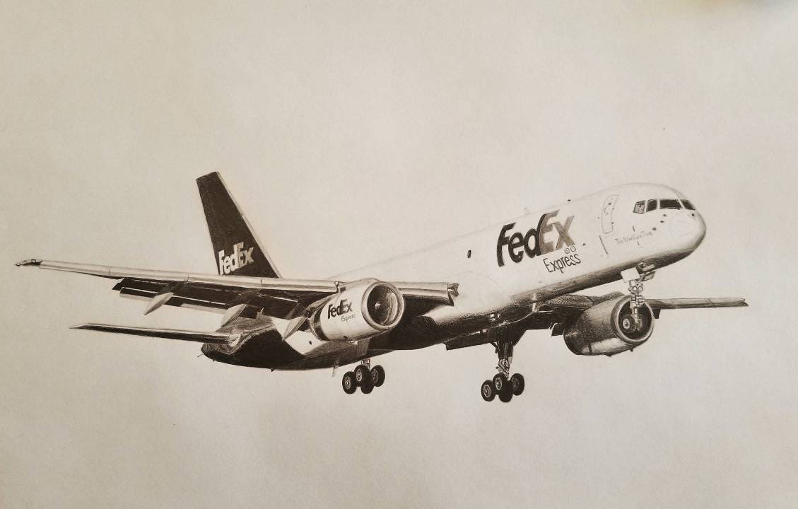 Fedex Boeing 757 11x14 Archival Print of Pencil Drawing