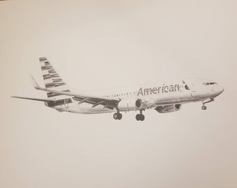 American Airlines 737 custom art print for pilot, flight attendant, travel lover - pencil drawing print 11"x14"