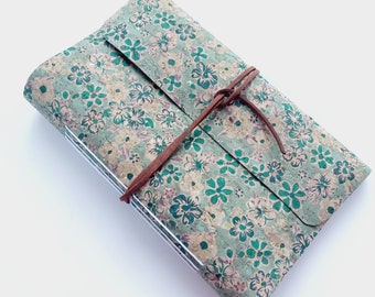 Cork Fabric Journal with Green & Beige Flower Print and plain white or lined pages, A6 pocket sized planner 18 x 13 cm (7" x 5").
