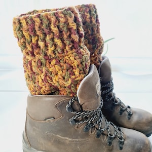 Puños de bota de ganchillo en color rojizo otoñal, calentadores de piernas de hilo Aran muy cómodos