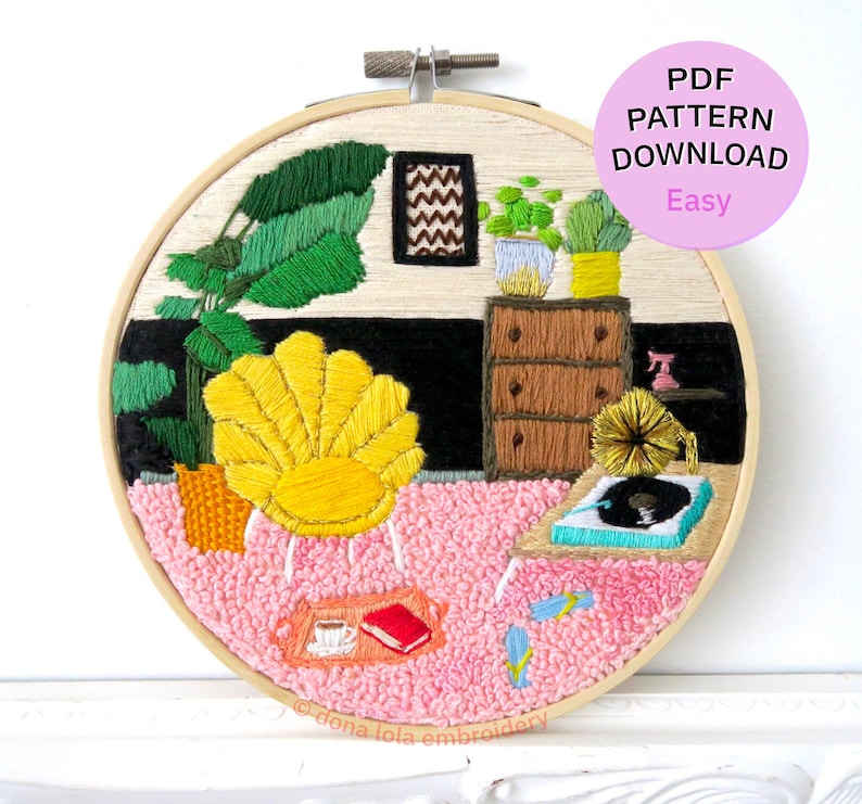 Easy embroidery pattern, DIY for beginners Vinyl and chill image 1