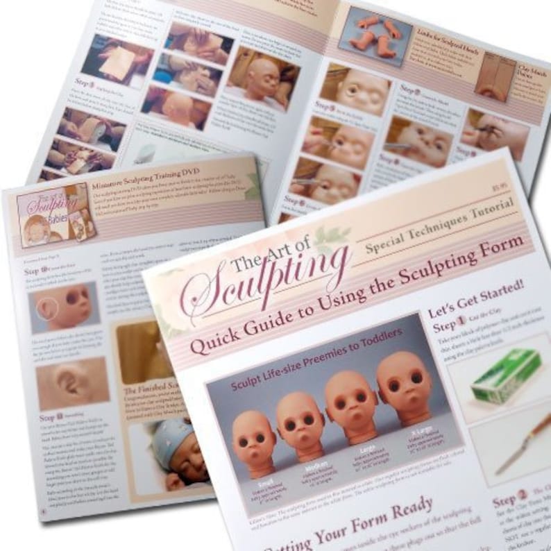 May include: A guide to sculpting life-size preemie dolls. The guide includes instructions on how to sculpt the face, ears, and body. The guide also includes a photo of a doll with different sizes of heads.