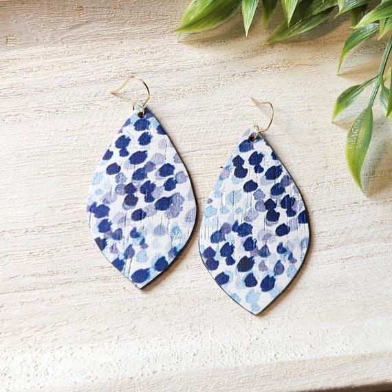 Blue Ombre Leather Earrings | Blue Leather Earrings | Spring Cork Leather Earrings | Leather Earrings | Petal Leather Earrings
