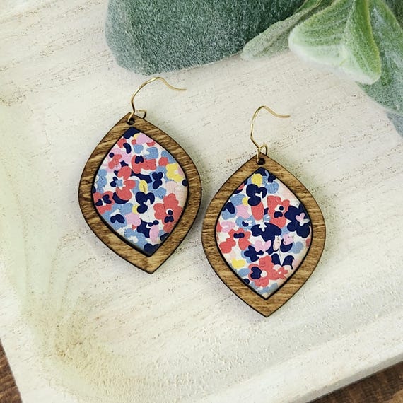 Bright Floral Earrings | Floral Earrings | Wood Framed Earrings | Leather Earrings | Leather and Wood Earrings | Gift for Mom