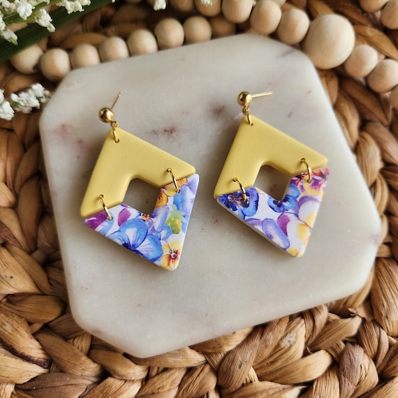 CLAY earrings | lightweight statement earrings | polymer clay earrings | modern jewelry | lavender and yellow earrings | pansy earrings