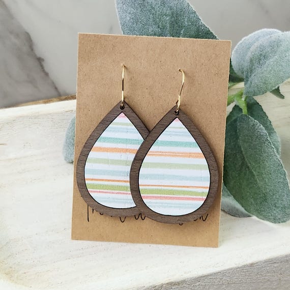 Striped Spring Earrings | Teardrop Earrings | Walnut Wood Earrings | Leather Earrings | Leather and Wood Earrings | Gift for Mom