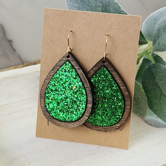Green Glitter Earrings | Teardrop Earrings | Walnut Wood Earrings | Leather Earrings | Leather and Wood Earrings | Gift for Mom