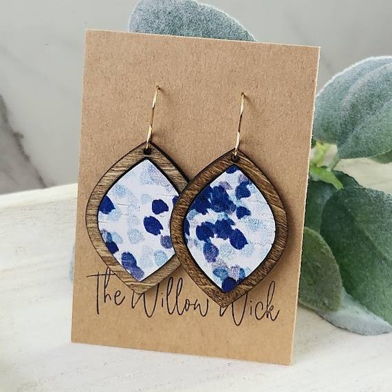 Blue and White Earrings | Floral Earrings | Wood Framed Earrings | Leather Earrings | Leather and Wood Earrings | Gift for Mom