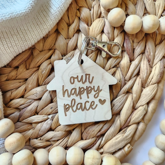 Our Happy Place Keychain | Wood Keychain | New Home Gift | First Home Keyring | Keepsake Gift New Home | Housewarming Gift