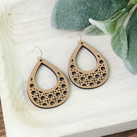 Rattan Teardrop Earrings | Cherry Wood Earrings | Summer Earrings | Wood Rattan Earrings | Gift for Her