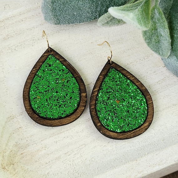 Green Glitter Earrings | Teardrop Earrings | Walnut Wood Earrings | Leather Earrings | Leather and Wood Earrings | Gift for Mom