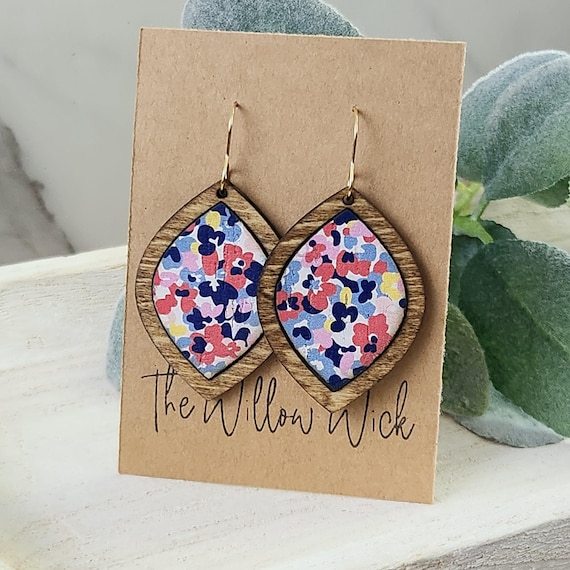 Bright Floral Earrings | Floral Earrings | Wood Framed Earrings | Leather Earrings | Leather and Wood Earrings | Gift for Mom