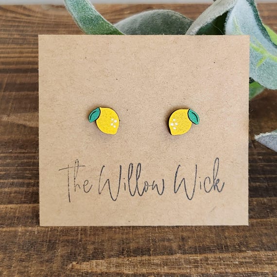 Lemon Earrings | Wood Earrings | Stud Earrings | Post Earrings | Hand Painted Earrings | Fruity Earrings | Citrus Earrings | Yellow Earrings