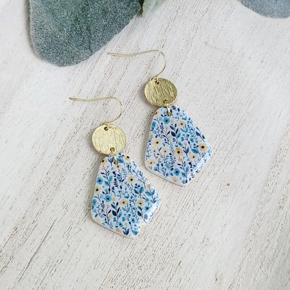 Floral Clay Earrings | Polymer Clay Earrings | Spring Earrings | Yellow and Blue Earrings