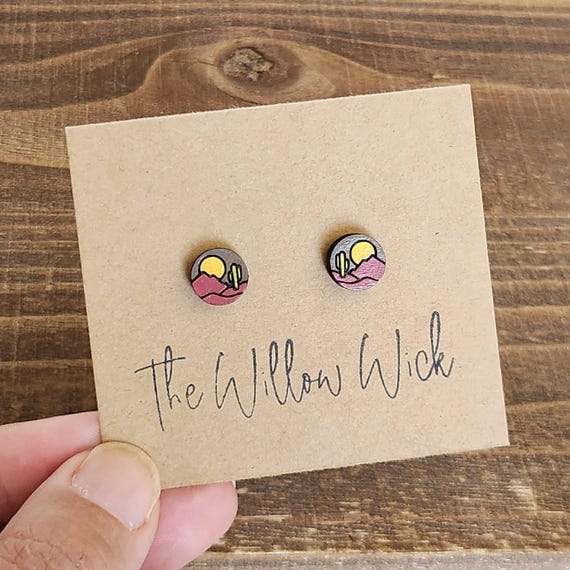 Desert Sun Earrings | Wood Earrings | Stud Earrings | Post Earrings | Hand Painted Earrings | Cactus Earrings