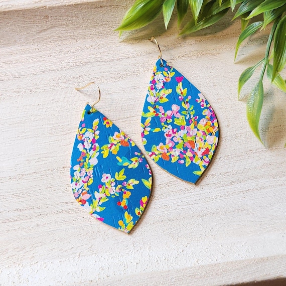 Floral Leather Earrings | Tropical Earrings | Bright Floral Earrings | Cork Leather Earrings | Leather Petal Earrings | Statement Earrings
