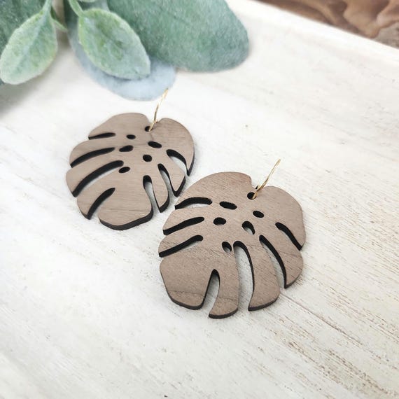 Monstera Leaf Earrings | Walnut Wood Earrings | Summer Earrings | Lightweight Wood Earrings | Gift for Her
