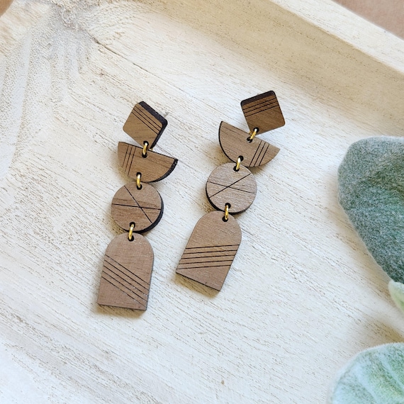 Boho Earrings | Walnut Wood Earrings | Summer Earrings | Lightweight Wood Earrings | Gift for Her | Engraved Earrings | Dangle Earrings