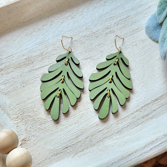 Leaf Earrings | Painted Wood Earrings | Summer Earrings | Lightweight Wood Earrings | Gift for Her | Green Earrings | Dangle Leaf Earrings