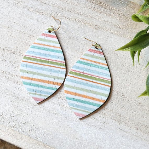 Striped Leather Earrings | Pastel Striped Leather Earrings | Spring Cork Leather Earrings | Leather Earrings | Striped Earrings