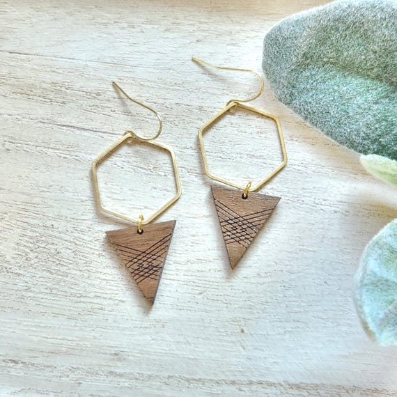 Boho Earrings | Walnut Wood Earrings | Summer Earrings | Lightweight Wood Earrings | Gift for Her | Hexagon Earrings | Engraved Earrings