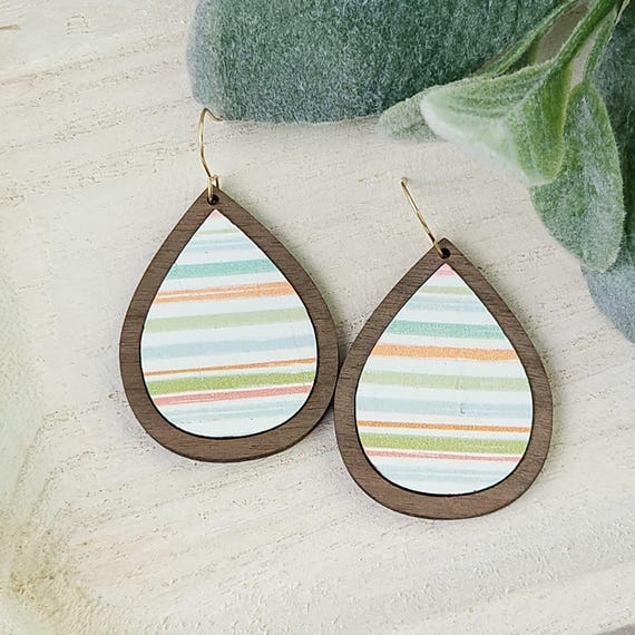 Striped Spring Earrings | Teardrop Earrings | Walnut Wood Earrings | Leather Earrings | Leather and Wood Earrings | Gift for Mom