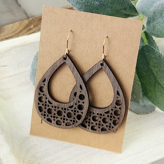 Rattan Teardrop Earrings | Walnut Wood Earrings | Summer Earrings | Wood Rattan Earrings | Gift for Her