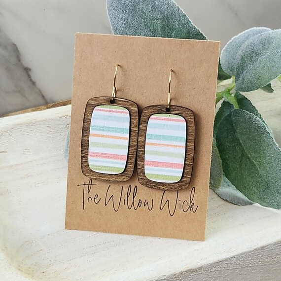 Striped Spring Earrings | Wood Framed Earrings | Wood Earrings | Leather Earrings | Leather and Wood Earrings | Gift for Mom