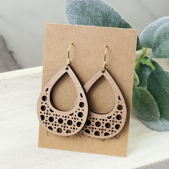 Rattan Teardrop Earrings | Cherry Wood Earrings | Summer Earrings | Wood Rattan Earrings | Gift for Her