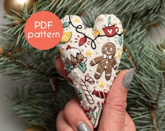 EMBROIDERY Pattern - DIY Ornament for Christmas in the shape of a heart, PDF pattern design with video tutorials for beginners.