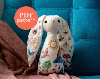 Embroidered Bunny Sewing Pattern PDF | Stuffed Toy | Hand Embroidery Cuddly Bunny DIY