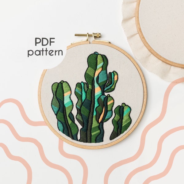 Embroidery Pattern PDF - EMERALD CACTUS Design, with Video Tutorial for Beginners