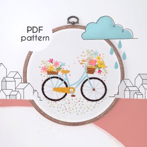 Stickmuster PDF - Fahrrad mit Blumen, Anfänger Level, einfaches Blumenmuster