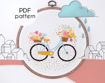 Embroidery Pattern PDF - Bicycle with Flowers, Beginner Level, Easy Floral Pattern