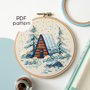 PDF Pattern - Cozy Winter Cabin, Embroidery Pattern, Step by Step Video Tutorials