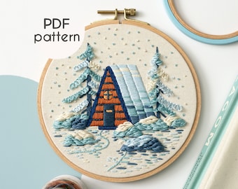 PDF Pattern - Cozy Winter Cabin, Embroidery Pattern, Step by Step Video Tutorials