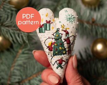 DIY Christmas Ornament Embroidery Pattern: Heart shape, with Family Decorating Tree (PDF Pattern)