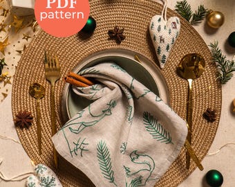 Christmas Napkin Embroidery Pattern | Winter Animals DIY Project (PDF Pattern)