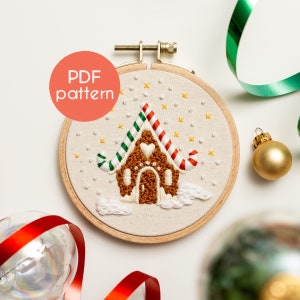 Embroidery Pattern - GINGERBREAD HOUSE, Christmas Hoop Art Embroidery PDF Pattern, with YouTube video tutorials included