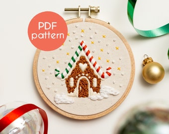 Embroidery Pattern - GINGERBREAD HOUSE, Christmas Hoop Art Embroidery PDF Pattern, with YouTube video tutorials included