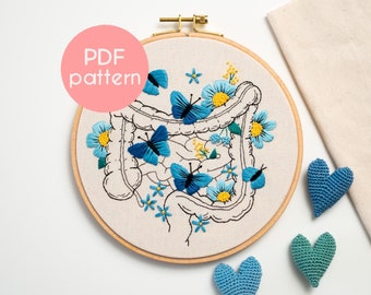 Embroidery Pattern - FLORAL COLON, Anatomical Intestines with Butterflies and Flowers, PDF Embroidery Pattern, Full Video Tutorial Included